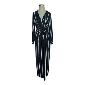 Boston Proper Black White Striped Wrap Tie Waist Dress Women’s Maxi Dress Size M